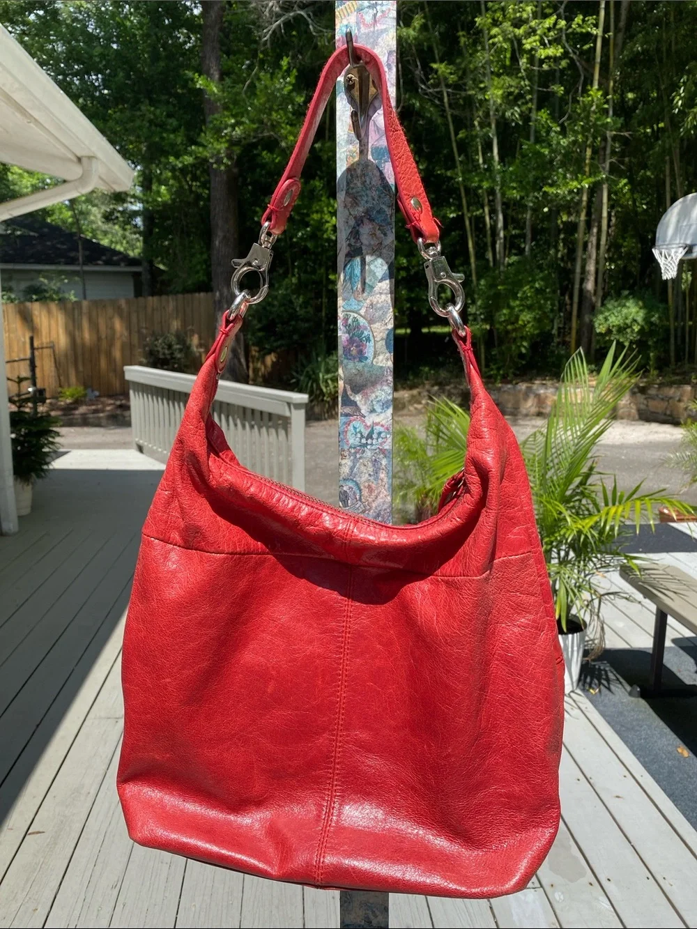 HOBO Red Leather Hobo Bag with Front Zip Pocket